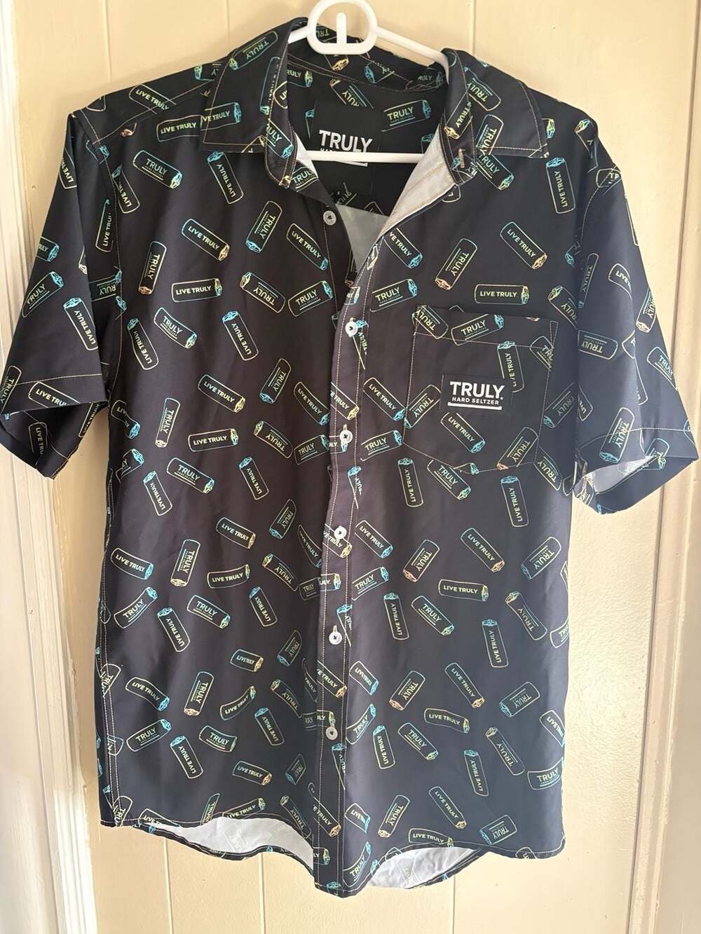 Truly Hard Seltzer All-Over Print Black Short Sleeve Button-Front Shirt